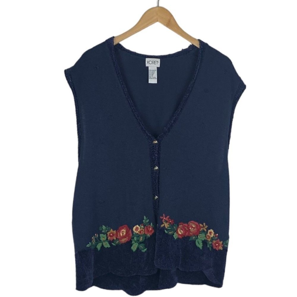 Koret Women's Blue Vintage Knit Floral Embroidered Button Up Sweater Vest US XL